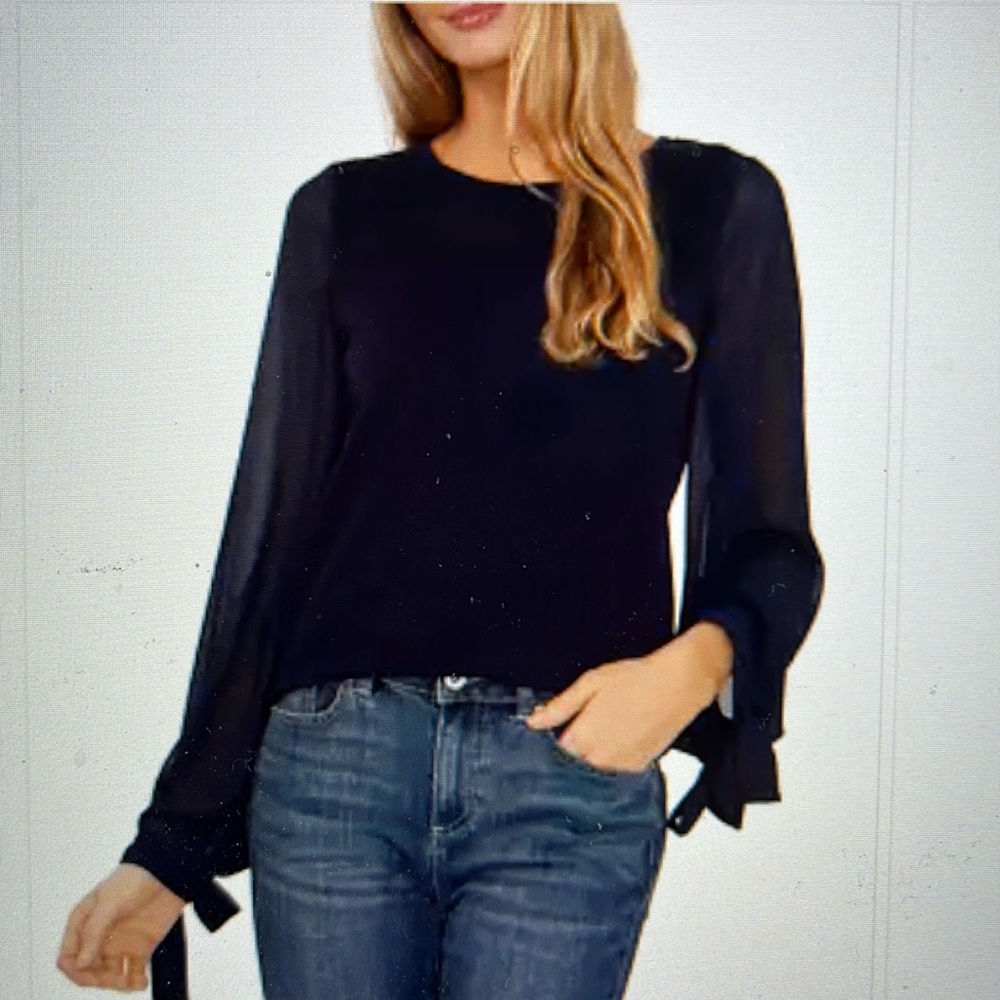 CECE Women’s Chiffon Navy Pleated Long Sleeve Crew Neck Sweater with Ties